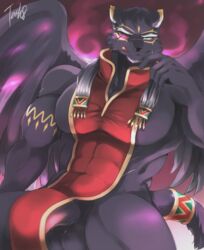 2020 anthro biped black_body black_feathers black_fur eye_patch eyewear feathered_wings feathers felid fur genitals green_eyes hi_res male male_only mammal muscular muscular_male pantherine penis signature solo tach8 tezcatlipoca tokyo_afterschool_summoners tongue tongue_out video_games wings