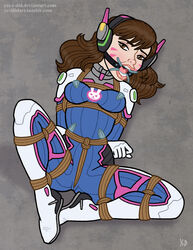 1girls 2d arms_behind_back arms_bound bdsm blizzard_entertainment bodysuit bondage bondage_harness bound_ankles bound_arms bound_breasts bound_legs brown_eyes brown_hair crotch_rope d.va facepaint female female_only femsub frogtie frogtied gag gagged headphones human looking_at_viewer open_mouth open_mouth_gag overwatch ring_gag rope rope_bondage rope_harness shibari shibari_over_clothes solo submission submissive submissive_female tied_arms tied_legs yes_i_did