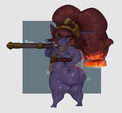 1girls areolae ass breasts female female_only forastero huge_ass league_of_legends looking_at_viewer looking_back muscles muscular muscular_female nipples poppy riot_games shortstack solo strongfat thick_thighs yordle