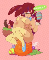 asian big_breasts bowtie bulge bunny_ears bunny_girl carrot dildo easter female_masturbation glasses gloves huge_dildo insertion large_insertion leggings masturbation partially_clothed rabbit rabbit_ears red_eyes red_hair sex_toy shortstack stomach_bulge tan_skin tight_fit vivid_daze