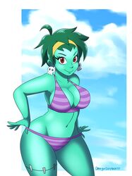 1girls bikini breasts cleavage earrings female green_hair green_skin headband large_breasts looking_at_viewer navel omegasunburst red_eyes rottytops shantae short_hair skull_earrings smile smooth_skin solo thick_thighs thighs wide_hips