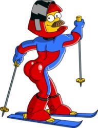 1boy ass ass_visible_through_thighs big_ass gay helmet huge_ass male_focus male_only matt_groening_(copyright) meme moustache ned_flanders official_art ski smile solo solo_male stupid stupid_sexy_flanders the_simpsons tight_clothing tight_fit tight_pants yellow_skin