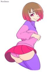 1girls ass bete_noire bob_cut brown_hair cute digital_media_(artwork) eyelashes female female_only glitchtale green hair_over_one_eye looking_at_viewer panties pink_eyes pink_hair pink_panties pink_skirt purple_stockings rawgreen short_hair skirt skirt_lift t-shirt tagme thick_thighs thighhigh_socks undertale undertale_fanfiction upskirt white_background zettai_ryouiki