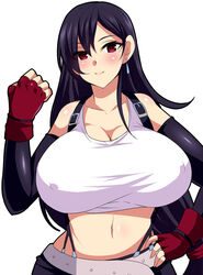 1girls bare_shoulders belt big_breasts black_hair breasts cleavage earrings elbow_gloves erect_nipples female female_only final_fantasy final_fantasy_vii fingerless_gloves gloves huge_breasts jewelry large_breasts long_hair low-tied_long_hair midriff navel nishida_megane red_eyes simple_background smile solo solo_female tied_hair tifa_lockhart top_heavy very_long_hair white_gloves