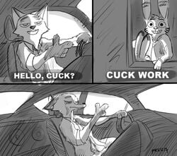 akella ambiguous_gender anthro being_watched black_and_white bodily_fluids canid canine car casual cheating cheating_girlfriend clothing comic cuckold disney english_text fellatio fox implied_fellatio jack_savage judy_hopps lagomorph leporid mammal meme nick_wilde oral rabbit rough_sketch tears text vehicle zootopia