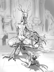 2019 anthro bandage beast_(bloodborne) black_and_white bloodborne bodily_fluids breasts detailed_background digital_media_(artwork) duo female fromsoftware fur hi_res hunter_(bloodborne) knight_on_monster male monochrome monster nipples open_mouth sony_corporation sony_interactive_entertainment teeth vicar_amelia video_games zaggatar