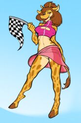 anthro breasts celine_louison checkered_flag clothing female flag giraffe giraffid hair hi_res kaboozey mammal midriff no_panties no_panties_under_skirt pussy pussy_peek race_queen skirt_lift solo