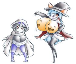 2girls alternate_color anthro armpits ass big_breasts blue_hair breasts cape claws cleavage dorian-bc dress duo eye_contact feet female gloves hair_over_one_eye half-closed_eyes halloween hat huge_breasts humanoid kirlia looking_at_viewer nintendo orange_eyes original_character pawniard pokémon_(species) pokemon pokemon_(species) pokemon_rse pose shiny_pokemon thick_thighs video_games white_skin wide_hips