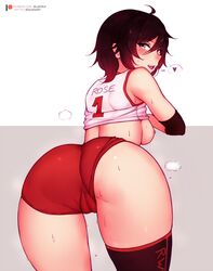 1girls ahoge areola ass back bent_over big_ass bloomers bluefield breasts buruma cameltoe clothed clothes english_text eye_contact eyelashes female female_only grey_background grey_eyes gym_uniform half-closed_eyes heart heavy_breathing human looking_at_viewer looking_back nipples patreon pose red_hair ruby_rose rwby shirt short_hair sideboob skin_tight smell solo sweat text thick_thighs thigh_gap thighhighs twitter_username underwear url watermark wet wide_hips