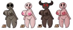 4girls bald beggar_(the_binding_of_isaac) bomb_beggar_(the_binding_of_isaac) dark_skin demon demon_beggar_(the_binding_of_isaac) detnox edit female grey_skin horn huge_breasts key_beggar_(the_binding_of_isaac) multiple_girls nipples red_eyes smile teeth the_beggars_(the_binding_of_isaac) the_binding_of_isaac vagina