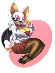 1girls adjusting_glasses animal_ears anthro arm_support bat_wings blue_eyes breasts cleavage eyeshadow female female_only furry glasses high_heels large_breasts legs lips lipstick makeup omegasunburst open_mouth pantyhose platform_heels rouge_the_bat sega skirt solo sonic_(series) thighs wings