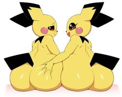 2019 ambiguous_gender anthro ass ass_dough ass_grab blush butt_grab deep_skin ear ears_back embarrassed happy huge_ass huge_butt looking_at_another mouse nintendo open_mouth pichu pokemon pokemon_(species) pokemon_gsc pururing rodent simple_background tail video_games white_background