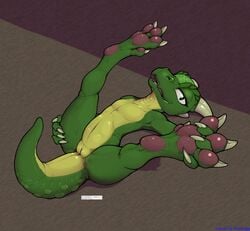 2019 4_fingers 4_toes animal_genitalia anthro bluedraggy claws cloaca color_edit colored ecmajor edit female fingers flat_chested horn kobold legs_up looking_at_viewer lying nude on_back pawpads paws presenting pussy solo toes