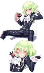 1boy biker_clothes blush cravat cum facial femboy gay girly gloves green_hair half_gloves handjob highres lio_fotia male_focus meimone one_eye_closed open_mouth penis promare purple_eyes short_hair yaoi