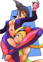 2girls bangs beret black_hair blonde_hair bodysuit braid breasts cammy_white capcom constricted_pupils cunnilingus domination drill_hair duo eyeliner facial_scar feet female female_only female_pubic_hair femdom femsub fingerless_gloves forced_cunnilingus forced_oral fumphole gloves hat human juri_han landing_strip leg_lock leotard medium_breasts multiple_girls nail_polish navel nipple_bulge one_eye_closed open_bodysuit oral perky_breasts pink_nails pubic_hair scar sidelocks smile smirk street_fighter street_fighter_v surprised sweat thick_thighs toeless_legwear toenail_polish toes toned twin_drills unzipped wink yuri