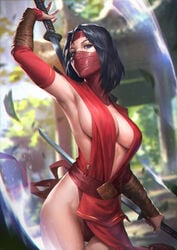 1girls big_breasts black_hair breasts busty cleavage dress dual_wielding face_mask female female_only headband holding_sword holding_weapon human koyasha large_breasts mace:_the_dark_age pinup purple_eyes red_dress red_sleeves short_hair sleeves solo sunkeytail sword swords thighs unsheathing weapon