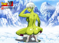 1girls alien alien_girl armpits ass back blue_background boots breasts broly_culo cheelai day dragon_ball dragon_ball_super eye_contact female female_only green_skin huge_ass humanoid ice looking_at_viewer looking_back mountain muscular muscular_back muscular_female nipples nude outdoors patreon pink_eyes pose shadow shoes_only short_hair short_hair_female sky smile snow socks solo solo_female spread_legs squatting teeth text thick_thighs tomiaf tongue watermark white_hair wide_hips