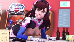 1girls 3d 3d_(artwork) arcade asian blizzard_entertainment bodysuit breasts brown_eyes brown_hair bubble_gum chewing_gum clothing controller d.va female footwear gloves handwear headset human long_hair looking_at_viewer mouxsfm overwatch small_breasts source_filmmaker text torn_bodysuit torn_clothes video_games xoxo