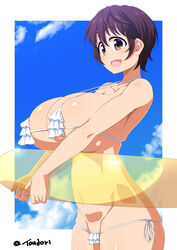 bikini brown_hair female huge_breasts idolmaster idolmaster_cinderella_girls micro_bikini oikawa_shizuku outdoor short_hair smile sun toudori