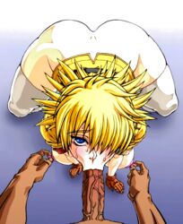 :>= bedroom_eyes bent_over blonde_hair blue_eyes blush dark-skinned_male dark_skin eyebrows_visible_through_hair fellatio flustered gloves hair_over_one_eye hellsing male_pov nipple_pinch on_all_fours pale_skin pink_nipples pov pov_eye_contact seras_victoria simple_background sweat tagme thighhighs undead_fellatio veiny_penis wrato