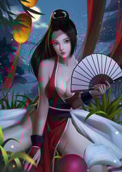 1girls arm_guards big_breasts black_hair breasts brown_eyes busty cleavage curvaceous curvy dress fan fatal_fury female female_only grass holding_fan human king_of_fighters large_breasts legs_spread long_hair mai_shiranui pink_lips pinup ponytail qianyu_mo red_dress sitting snk solo spread_legs thighs voluptuous