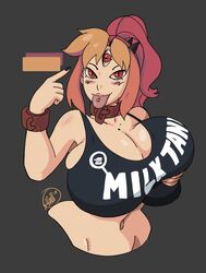 3_eyes big_breasts black_nail_polish busty cat_eyes cleavage corgi_(vivid_daze) goth groping huge_breasts orange_hair ponytail red_eyes self_fondle shackles tongue tongue_out tongue_piercing vivid_daze