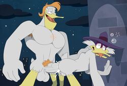 2boys abs anal anal_penetration anthro anthro_on_anthro anti_dev armpit_hair backsack balls bodily_fluids body_hair chest_hair city_background clothing crossover cum cum_in_ass darkwing_duck disney drunk_bubbles duck ducktales erection fucked_silly genital_fluids half-closed_eyes hanging_balls hat headgear headwear hi_res huge_cock invalid_tag launchpad_mcquack male male/male male_only night orgasm_face orgasm_from_anal pecs penis pubes size_difference starry_sky superhero tongue_out vein yaoi