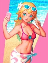 1girls art beach bellhenge belly_button bikini bikini_top blonde_hair blue_eyes breast breasts cute ear earrings eyes female female_only flower flower_in_hair glasses glasses_on_head hips human lips long_hair mario_(series) midriff nintendo painted_nails peace_sign phone pink princess princess_peach sand sarong selfie smartphone smile solo stomach super_mario_odyssey teeth v waist water wide_hips yellow_hair