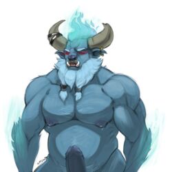 anthro barathrum_the_spirit_breaker beard blue_body blue_fur bovid bovine breaker cattle dota dota_2 ear_piercing earrings facial_hair facial_piercing foreskin fur genitals gutsout_(artist) hi_res horns humanoid_genitalia humanoid_penis intact jewelry male male_nipples male_only male_pubic_hair mammal musclegut muscular_male nipples nose_piercing nose_ring nude pecs penis piercing red_eyes retracted_foreskin septum_piercing simple_background solo standing tusks uncut valve video_games white_background