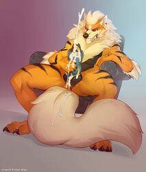 2019 anthro anus arcanine balls bodily_fluids canid canine canis cum cum_on_balls cum_on_hand cum_on_tail cumshot ejaculation erection fur genital_fluids hi_res hinar_miler humanoid_penis male male_only mammal masturbation muscular muscular_male nintendo nude orgasm penetrable_sex_toy penis pokemon pokemon_(species) red_eyes sex_toy sharp_teeth simple_background sitting solo spread_legs spreading teeth video_games