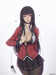 bad_id bad_pixiv_id badge bangs black_bra black_hair black_legwear black_skirt black_underwear blunt_bangs bra breasts choker cleavage collared_shirt female half-closed_eyes heart high_resolution hime_cut holding jabami_yumeko jacket kakegurui large_breasts lips liya_nikorov long_hair long_sleeves looking_at_viewer looking_to_the_side loose_neckwear name_tag open_clothes open_shirt pantyhose parted_lips pleated_skirt poker_chip red_eyes red_jacket school_uniform seductive shirt simple_background skirt solo unbuttoned underwear very_high_resolution white_shirt