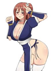 arm_guards blush body_blush breasts brown_eyes brown_hair choker cleavage clothing contrapposto cosplay dead_or_alive edit female grin highres honoka_(doa) huge_breasts kagemusha kasumi_(doa) kasumi_(doa)_(cosplay) leaning_forward looking_at_viewer no_bra no_panties obi one_side_up pelvic_curtain photoshop sash side_slit simple_background smile solo standing stockings thighhighs underwear v white_background white_legwear