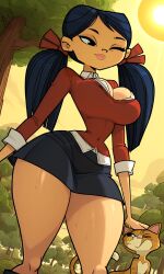 ai_generated asian asian_female blue_hair bursting_breasts cartoon_network cleavage drill_hair fat_ass forest kitty_(tdi) legs long_sleeves midriff_baring_shirt navy_blue_hair one_eye_closed perky_breasts red_ribbon self_upload skirt soft_breasts sweat sweater thick_thighs total_drama_(series) total_drama_island tree trees twintails unbuttoned_shirt