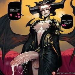 ai_generated artist_name black_dress black_horns black_lips black_nails breasts breasts_apart center_opening cum cumdrip demon_girl demon_horns demon_wings diablo diablo_4 dress english_text erection female futanari heart horns huge_cock huge_testicles large_breasts large_penis lilith_(diablo) looking_at_viewer navel patreon_logo patreon_username penis plunging_neckline precum smile solo speech_bubble teeth testicles tillian uncensored veins wings