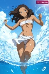 ai_assisted ai_generated ass_visible_through_thighs avatar_the_last_airbender bare_shoulders barefoot bikini blue_eyes blue_sky breasts brown_hair cameltoe closed_mouth cloud collarbone covered_nipples dark-skinned_female dark_skin day female female_only katara long_hair looking_at_viewer medium_breasts navel nickelodeon nicktoons nipples outdoors sarong see-through sky smile solo splashing stelmazura strapless sun swimsuit tube_top water wet white_bikini white_sarong