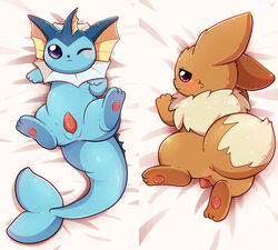 2019 2boys animal_genitalia anus ass bed blue_eyes blue_fur blush brown_fur chibi chubby cute dakimakura eevee eeveelution feral fur hi_res looking_at_viewer looking_back lying male male_only minhpupu multiple_images nintendo nude on_back one_eye_closed penis pokémon_(species) pokemon pokemon_(species) pokemon_rgby presenting presenting_hindquarters slit small_penis solo spread_legs spreading tapering_penis thick_thighs vaporeon video_games wide_hips