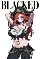 1girls ai_assisted ai_generated armpits arms_behind_head arms_up bare_shoulders black_hat black_pants blacked blacked_tattoo breasts cleavage closed_mouth clothing_cutout collarbone cowboy_shot crop_top curvy earrings facial_tattoo female green_eyes groin hat hoop_earrings jewelry large_breasts league_of_legends league_of_legends:_wild_rift lips long_hair looking_at_viewer midriff miss_fortune miss_fortune_(league_of_legends) navel nay_juno pants pirate_hat qos qos_tattoo queen_of_spades red_hair riot_games sarah_fortune sexy sexy_pose simple_background sleeveless smile snowbunny solo standing star_(symbol) tattoo tattoo_on_arm tattoo_on_breast tattoo_on_chest tattoo_on_legs tattooed_arm tattoos tattoos_everywhere white_background wide_hips