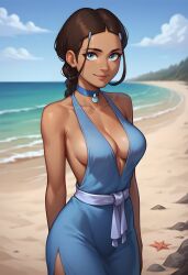 1girls 2d 2d_(artwork) ai_assisted ai_generated athletic athletic_female avatar_the_last_airbender beach beach_background braid braided_hair braided_ponytail breasts brown_hair cleavage clothed clothing daeisi dark-skinned_female dark_skin digital_drawing_(artwork) digital_media_(artwork) dress female female_focus female_only katara looking_at_viewer medium_breasts outdoors outside ponytail showing_off smile smiling