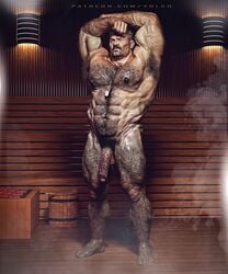 3d flaccid hairy_armpits hairy_chest hairy_legs male male_only muscles penis sauna solo yolco