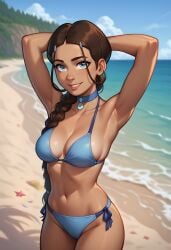 1girls 2d 2d_(artwork) ai_assisted ai_generated athletic athletic_female avatar_the_last_airbender beach beach_background bikini bikini_bottom bikini_top blue_bikini blue_bra blue_panties bra braid braided_hair braided_ponytail breasts brown_hair clothed clothing daeisi dark-skinned_female dark_skin digital_drawing_(artwork) digital_media_(artwork) female female_focus female_only katara looking_at_viewer medium_breasts outdoors outside panties ponytail showing_off smile smiling thick_thighs