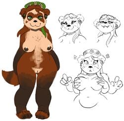 2018 absurd_res anthro bite biting_lip blizzard_entertainment breast_grab breasts brown_fur brown_hair clothing ear_piercing ear_ring female footwear fur green_eyes hair hand_on_breast hi_res mammal nipples nude pandaren piercing pussy red_pandaren sandals slightly_chubby smile solo standing ursid video_games warcraft whatsalewd wide_hips