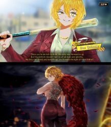 1girl 1girls 2026 apple_butt back back_pockets back_view bangs bangs_between_eyes bare_skin barely_covered_nipples baseball_bat bat_(object) big_ass big_breasts big_butt big_thighs blonde-haired_female blonde_female blonde_hair bloodfiend blurry_background boa_(clothing) breasts bubble_butt child_bearing_hips crazy_eyes crazy_grin crazy_smile day daytime don_quixote_(limbus_company) dragon_tattoo drapery drapery_(clothing) dumptruck_ass dumptruck_butt elbows exposed_skin eyelashes eyelashes_visible_through_hair fat_ass fat_butt female female_focus female_only fringe giddy glaring glaring_at_viewer gold_jewelry gold_necklace gold_neckwear half-closed_eye happy hazel_eyes high_waisted_pants holding_bat holding_object holding_weapon huge_ass huge_butt humanoid irezumi large_ass large_boobs large_breasts large_butt lighting limbus_company long_eyelashes looking_at_viewer maroon_clothing messy_hair nameplate necklace night night_sky nighttime pale_skin pale_skinned_female paul_camadonnas personality_change popped_collar project_moon raised_eyebrow red_blazer red_coat red_eyes red_feather red_fur red_jacket red_pants same_character sancho_(limbus_company) shirtless shirtless_(female) shirtless_female short_bob short_hair shoulder side_eye side_eye_at_viewer sideboob slacks small_ears solo solo_female solo_focus split_personality star_(symbol) starry_eyes subtitled tattoo tattoo_on_back tattoos text thick_thighs transformation two_panel_image undershirt unhappy unhappy_female user_interface vampire vampire_girl wide_eyed wide_hips wrinkled_clothes wrinkled_fabric wrinkles wrinkles_in_clothes yakuza_(series) yellow_eyes yellow_text