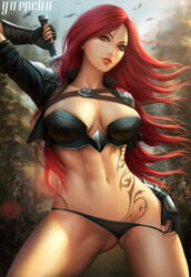 1girls abs artist_name ass_visible_through_thighs bra breasts cleavage dagger female female_only forest gloves green_eyes hair katarina_du_couteau league_of_legends long_hair looking_at_viewer panties red_hair scar scar_across_eye shoulder_armor solo tattoo video_games watermark weapon_on_back yupachu