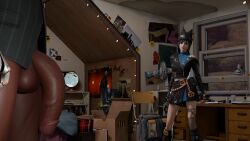 1boy 1girls 3d ass_grab bedroom belt big_breasts black_outfit blender_render blue_hair cat_ear_hat chains choker cropped_jacket dark_skin doggy_style excited excited_expression explicit exposed_pussy female fingerless_gloves fortnite fortnite:_battle_royale from_behind gloves graffiti hope_(fortnite) hope_fortnite iam_yann indoors interracial killian_(fortnite) looking_at_penis looking_at_viewer messy_room nipples_visible nsfw penis posters pussy scared_expression string_lights thighhighs warm_lighting