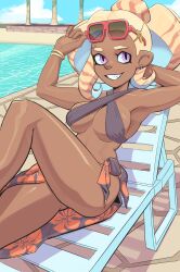 1girls arm_behind_head ass beach_chair big_breasts blonde_hair breasts critatonic dark-skinned_female dark_skin ear_piercing earrings female female_focus female_only large_breasts looking_at_viewer one_leg_raised original_character outdoors piercing pink_eyes pool poolside sarong sitting smile solo solo_female solo_focus splatoon sunglasses sunglasses_on_head swimwear thick_thighs thighs
