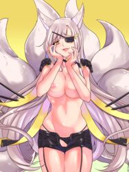 2018 akagi_(azur_lane) animal_ears areola azur_lane blush breasts choker clothing_aside corrupted corruption dark_persona eye_patch eyewear female fingers fox_ears fur garter_straps glistening glistening_skin grey_fur half-closed_eyes highres humanoid jewelry large_breasts long_hair looking_at_viewer mammal mammal_humanoid mr-poritan multiple_tails navel necklace nipples open_mouth panties panties_aside portrait pussy shorts silver_hair simple_background siren_(azur_lane) skindentation smile solo three-quarter_portrait tongue underwear underwear_aside white_fur white_hair yellow_eyes