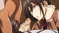 1girls asian attack_on_titan black_eyes black_hair censored eye_contact fringe handjob imminent_oral jean_kirstein lost_rarities medium_hair mikasa_ackerman oral pale-skinned_female petite seductive_eyes seductive_mouth sex shingeki_no_kyojin submissive_female tagme takapiko