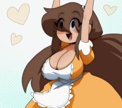 1girls animated apron black_eyes bouncing_breasts breast_slip breasts breasts_out brown_hair coolerinker dress exposed_breasts gif happy huge_breasts inconvenient_breasts inker_comics inkershike jeans jumping large_areolae large_breasts long_hair loop looping_animation mona_(inker_comics) nipple_slip nipples nude_female oc wardrobe_malfunction yellow_dress