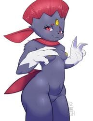 1girls 2019 32rabbitteeth 3_fingers absurd_res anthro anthrofied ass blush breasts claws eye_contact female fingers forehead_jewel fur furry furry_only glistening glistening_skin grey_fur half-closed_eyes hi_res looking_at_viewer mammal navel nintendo nipples nude pokémon_(species) pokemon portrait pussy red_eyes simple_background small_breasts solo standing teeth text thick_thighs three-quarter_portrait video_games watermark weavile white_background yellow_nipples