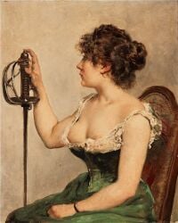 bracelet breast_slip breasts brown_hair chair curly_hair dress female female_only fine_art green_clothing green_dress hair_bun hand_on_lap jules-elie_delaunay light-skinned_female looking_away_from_viewer melee_weapon nipple_peak nipples painting_(artwork) rapier side_view sitting solo sword young_woman_with_sword_(delaunay)